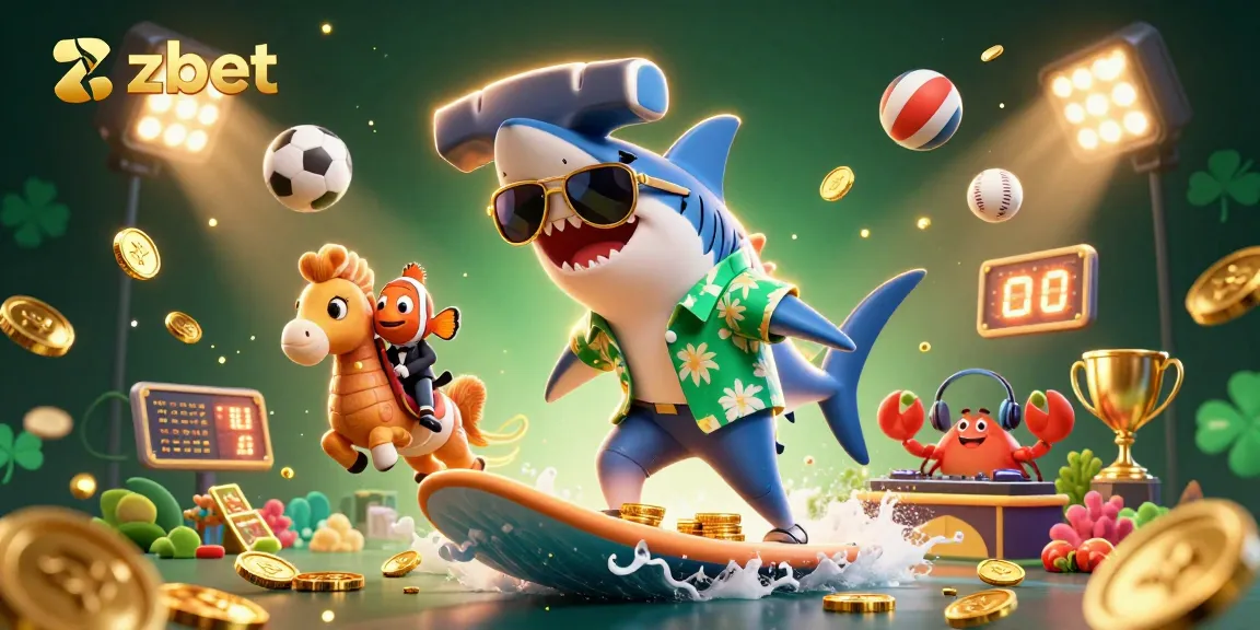 Engage with zbet's vibrant casino scene featuring a playful shark and sports elements.