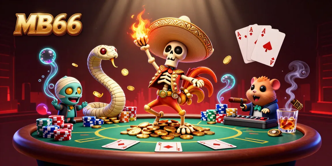 Experience a thrilling MB66 casino scene with vibrant characters and dynamic poker gameplay.