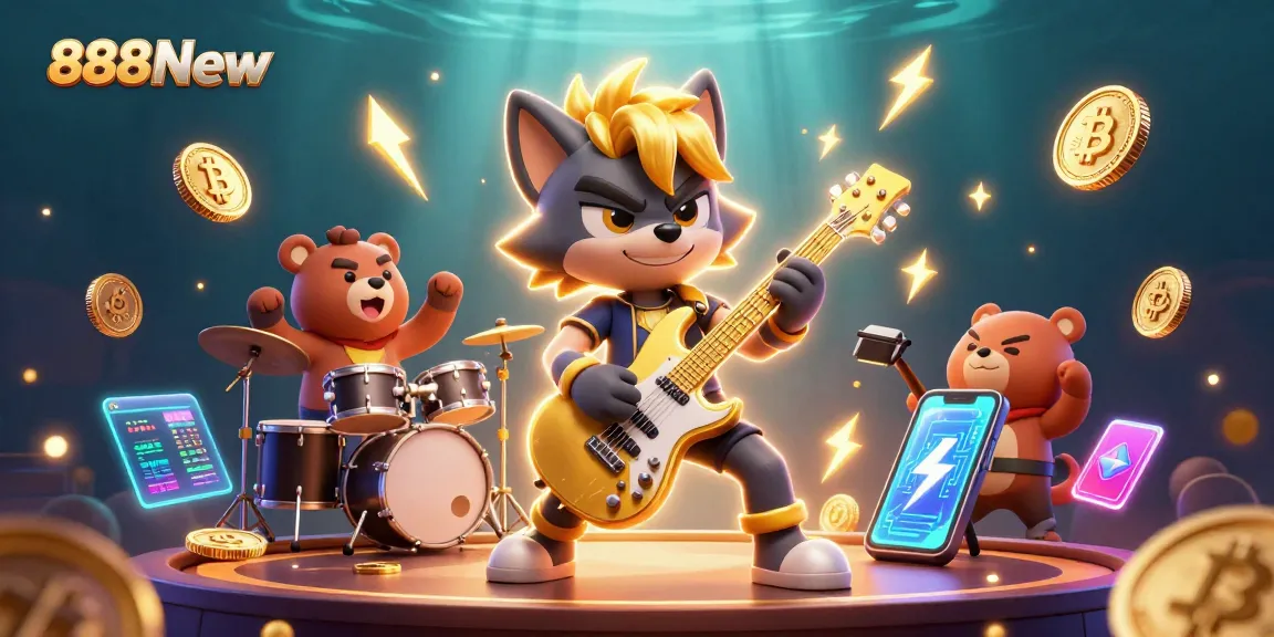 Experience the vibrant action of 888New with a rock star wolf and drummer bear in an electrifying casino scene.