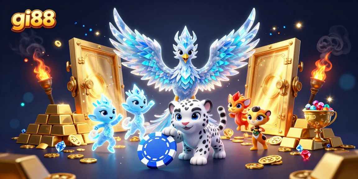 Spin the reels at gi88 with a playful snow leopard and dazzling ice phoenix amidst treasure!