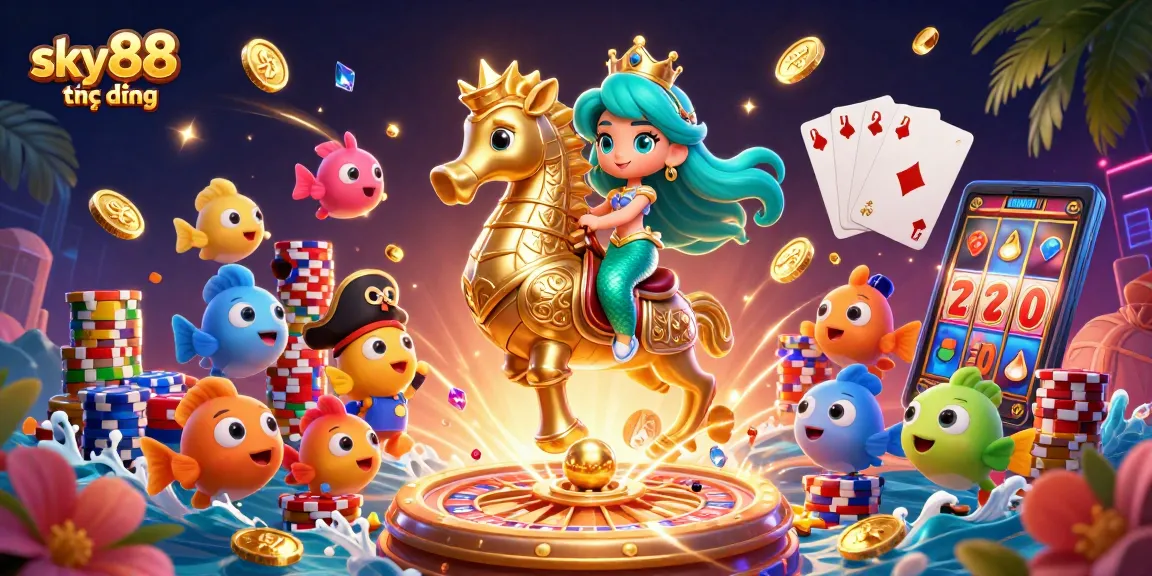 Experience sky88 trực tiếp with a vibrant illustration of a mermaid and seahorse in a lively casino scene.