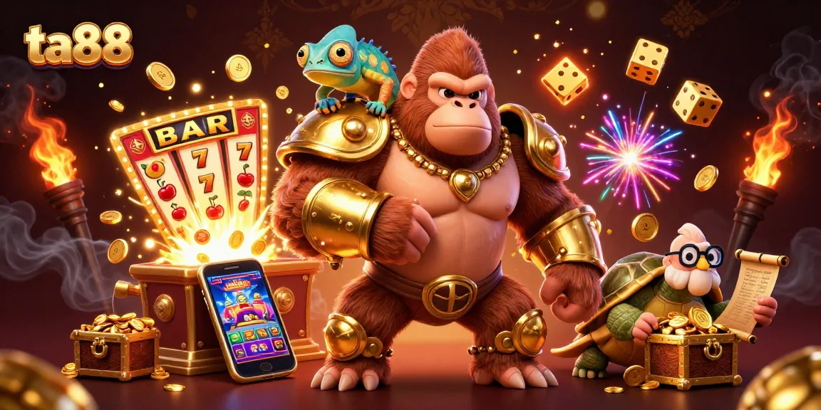 ta88 showcases a vibrant winning scene with a gorilla king, chameleon, and tortoise amidst a jackpot explosion.