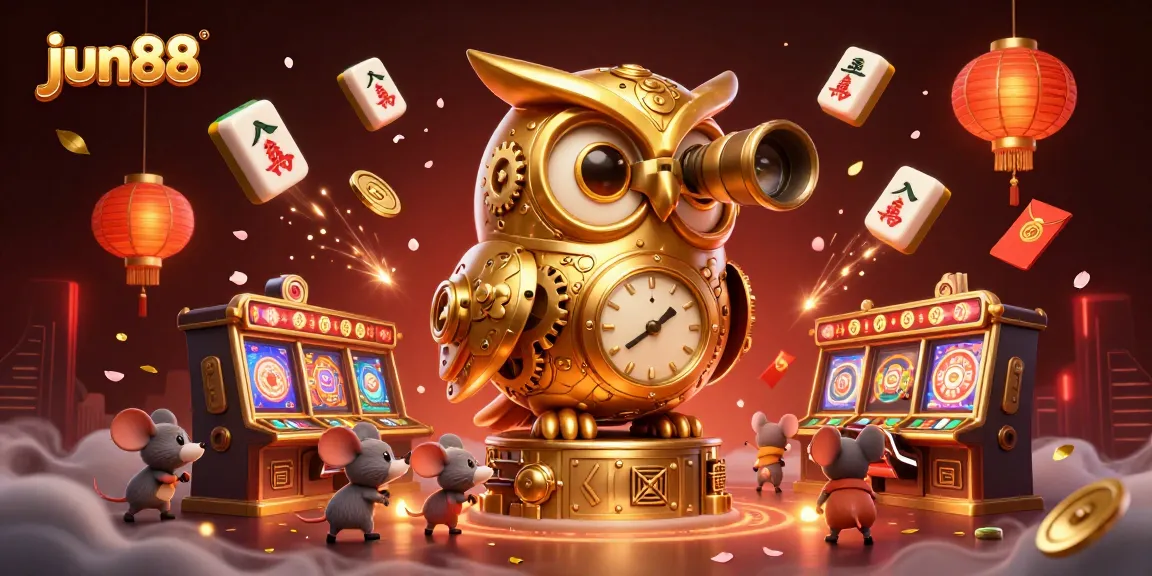 Experience thrilling gameplay at jun88 with vibrant 3D casino illustration showcasing dynamic slot machines and lively characters.