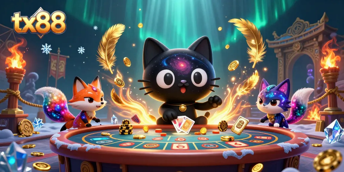 Engage with tx88 through a vibrant 3D cosmic casino scene featuring playful characters.