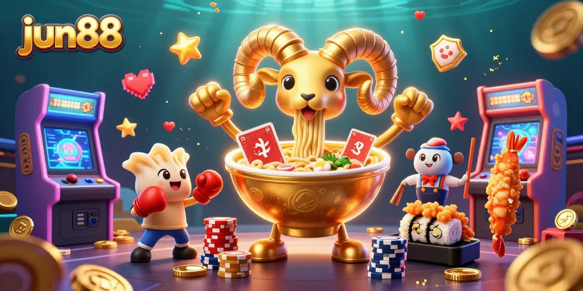 jun88 engages players with a lively scene featuring a ramen bowl dealer and dynamic casino elements.