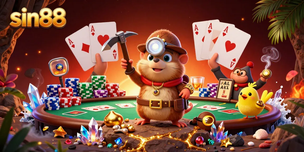 Win big at sin88 with thrilling scenes of a treasure hunter and poker excitement.