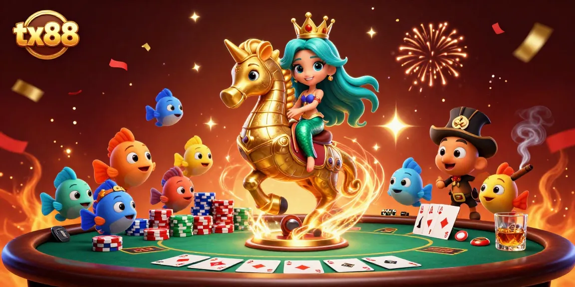 Experience excitement with tx88 at a vibrant casino scene showcasing our colorful mermaid and poker elements.