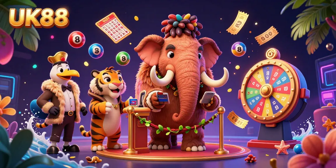 Experience the UK88 thrill with a lively 3D casino scene featuring engaging characters and dynamic elements.